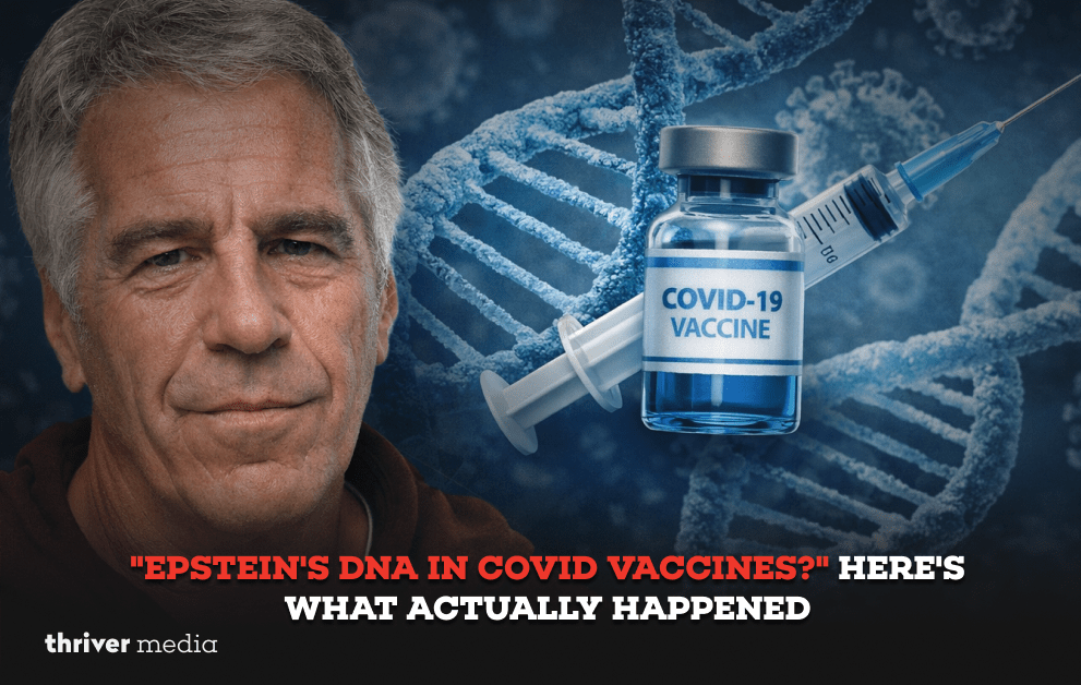 Jeffrey Epstein with COVID-19 vaccine vial, syringe, and DNA strand background illustrating vaccine conspiracy claim