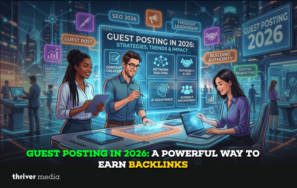 Digital marketers collaborating with screens showing “Guest Posting in 2026” strategy for building backlinks and SEO authority.