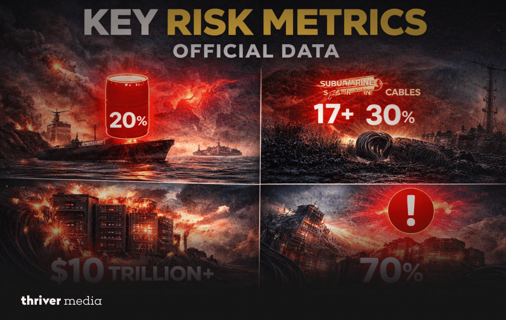 Infographic showing key risk metrics including oil disruption, submarine cables, infrastructure damage, and rising cyber threats