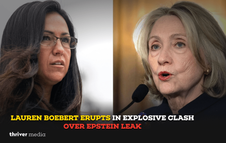 Split image of Lauren Boebert and Hillary Clinton with bold headline text reading “Lauren Boebert Erupts in Explosive Clash Over Epstein Leak.”