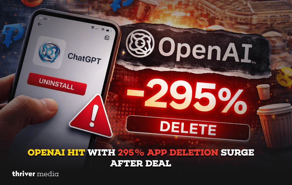 Graphic showing a smartphone with the ChatGPT app and uninstall button, alongside bold “-295% DELETE” text and OpenAI branding against a dramatic Pentagon-themed backdrop.