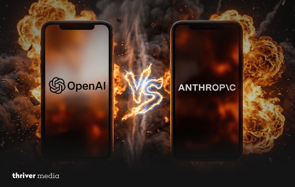 Two smartphones displaying OpenAI and Anthropic logos face off with a fiery explosion background and a glowing “VS” between them.