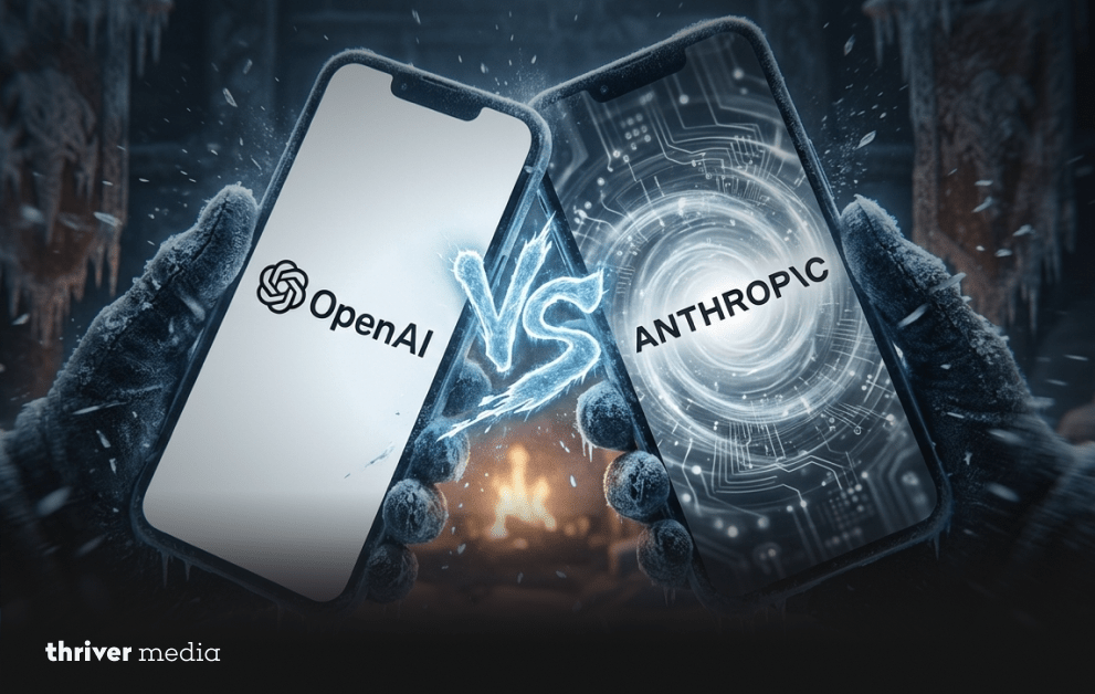 Two smartphones facing each other displaying OpenAI and Anthropic logos with a glowing “VS” between them, symbolizing rivalry in the AI space.