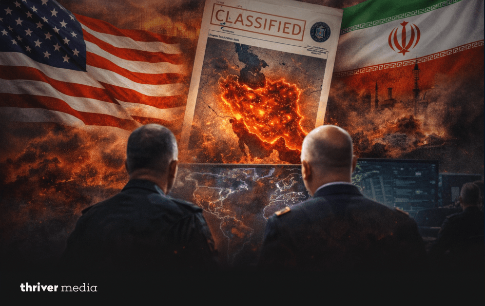 U.S. and Iran flags with a classified intelligence report and military officials reviewing a glowing map of Iran amid escalating Middle East tensions.