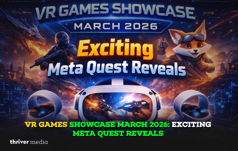 VR Games Showcase March 2026 featuring exciting Meta Quest game reveals with VR headset, controllers, and futuristic gaming visuals