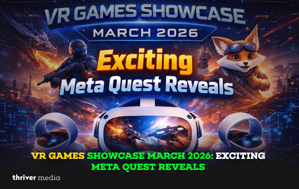 VR Games Showcase March 2026 featuring exciting Meta Quest game reveals with VR headset, controllers, and futuristic gaming visuals
