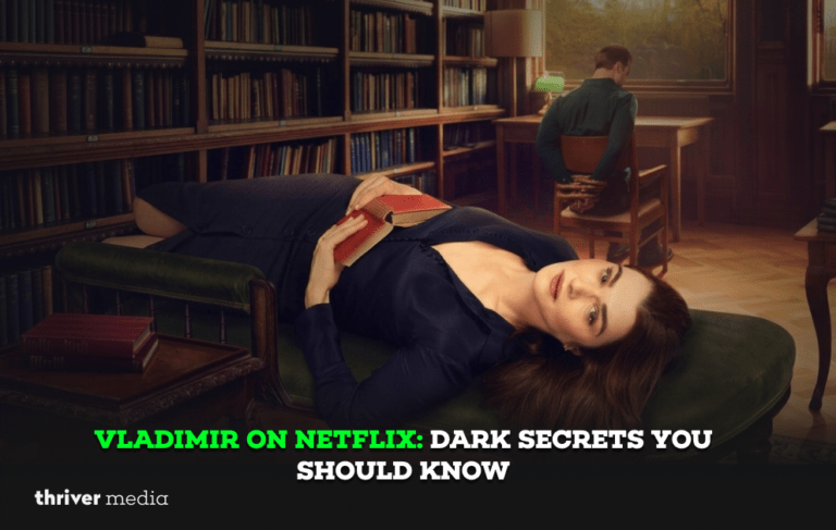 Promotional poster for the Netflix series Vladimir showing a woman lying on a couch in a library holding a book while a man sits tied to a chair in the background.