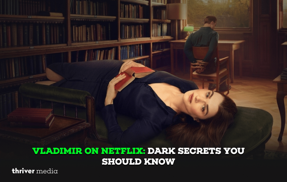 Promotional poster for the Netflix series Vladimir showing a woman lying on a couch in a library holding a book while a man sits tied to a chair in the background.