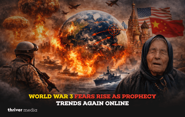 Dramatic World War 3 concept image showing a burning Earth, nuclear explosions, fighter jets, warships, a soldier, and an elderly prophetic woman amid rising global tensions.