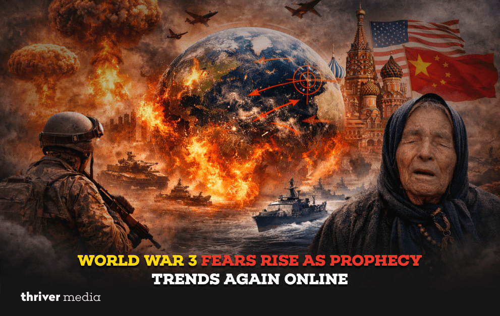 Dramatic World War 3 concept image showing a burning Earth, nuclear explosions, fighter jets, warships, a soldier, and an elderly prophetic woman amid rising global tensions.