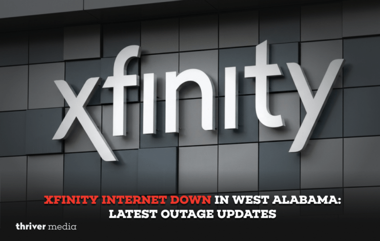 Xfinity company logo displayed on a building with headline “Xfinity Internet Down in West Alabama: Latest Outage Updates”.