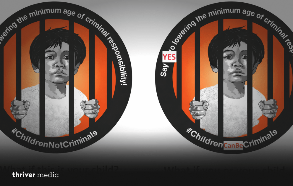 5 Brutal Truths: Who Is Responsible for Child Crime 3 Two circular posters showing a child behind bars, comparing “Say No” vs “Say Yes” to lowering the minimum age of criminal responsibility.