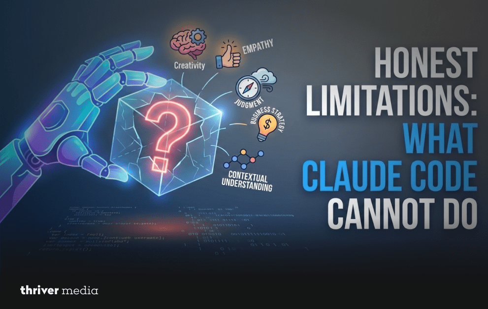 Illustration of a robotic hand holding a glowing cube with a question mark, highlighting the limitations of Claude Code.