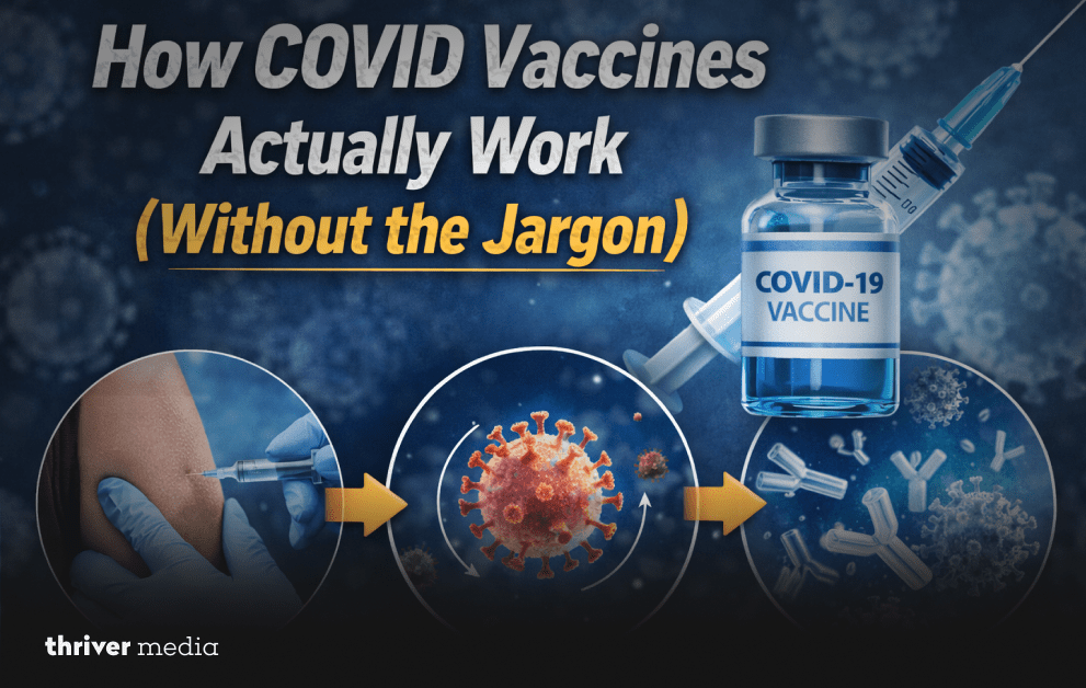 Illustration showing how COVID vaccines work with injection, virus, and antibody response stages in a simple visual flow