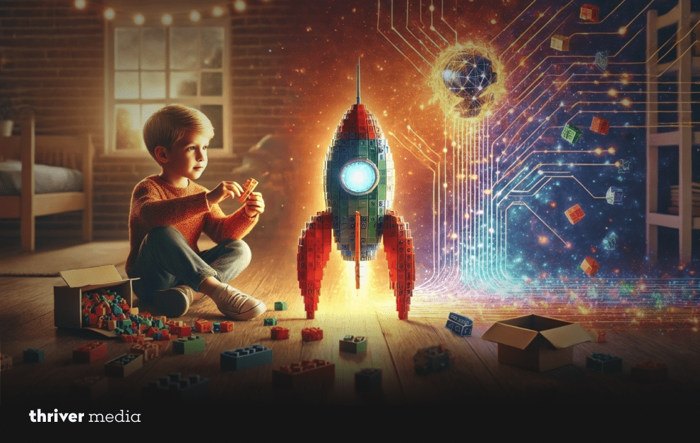 Young child building a toy rocket with blocks while a glowing digital brain and circuit patterns appear, symbolizing the connection between human imagination and artificial intelligence.