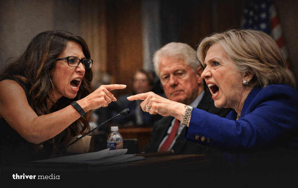 Lauren Boebert Erupts in Explosive Clash Over Epstein Leak 2 Lauren Boebert and Hillary Clinton engaged in a heated exchange during a formal committee setting, pointing at each other while speaking forcefully, with Bill Clinton seated in the background.