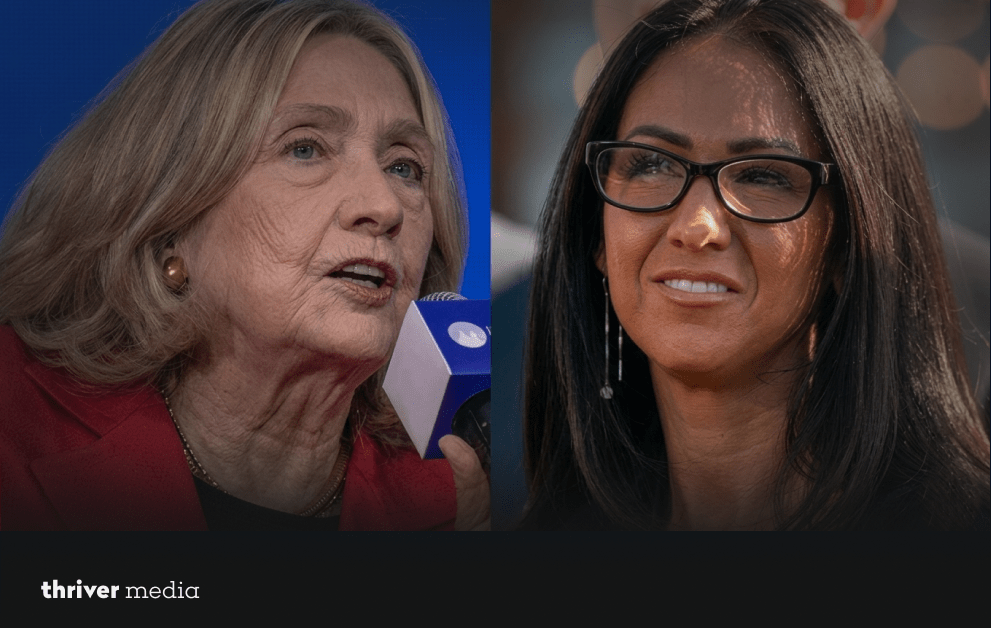 Lauren Boebert Erupts in Explosive Clash Over Epstein Leak 3 Side-by-side image of Hillary Clinton speaking into a microphone and Lauren Boebert wearing glasses, both shown in close-up portraits.