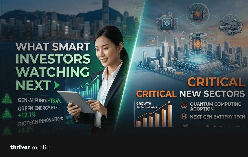 Smart investor analyzing market data while emerging technology sectors like quantum computing, AI, and next-gen batteries show growth potential.