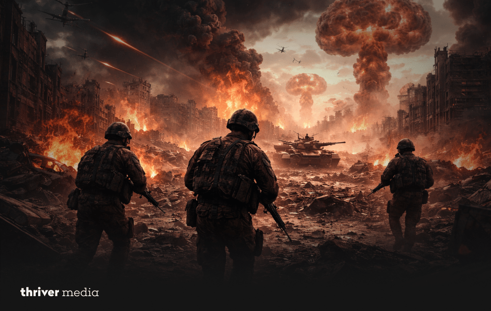 World War 3 Fears Rise as Prophecy Trends Again Online 2 Three soldiers move through a destroyed city as massive explosions and mushroom clouds rise in the background during an intense urban warfare scene.