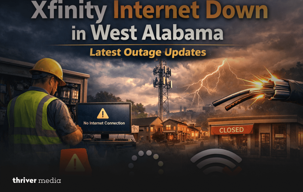Graphic showing Xfinity internet outage in West Alabama with technician, damaged cable, lightning storm, and “No Internet Connection” warning.