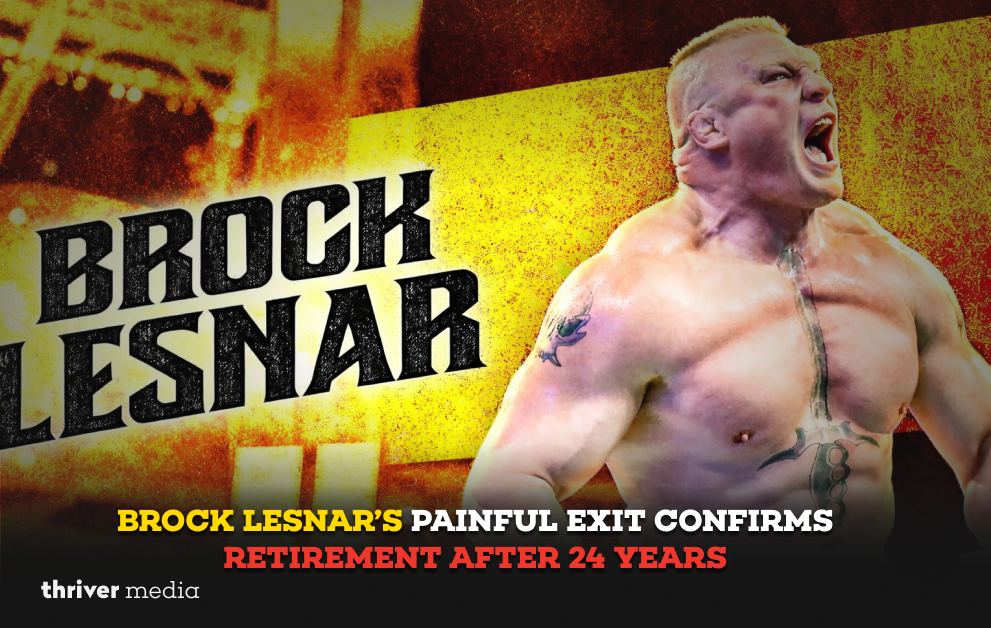 Brock Lesnar roaring in the ring with headline about retirement after 24 years