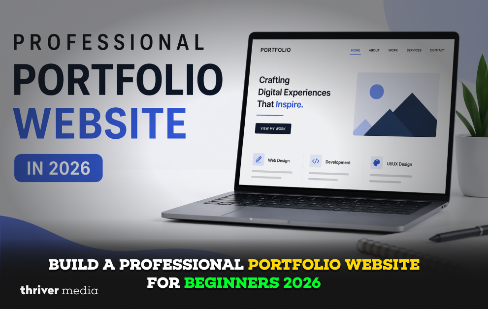 Professional portfolio website design in 2026 displayed on laptop showing clean layout, modern UI, and beginner-friendly web design concept
