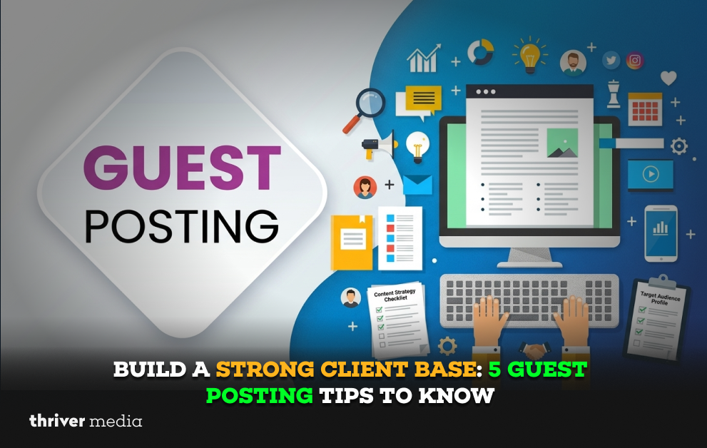 A laptop displaying a guest post article with highlighted author bio section featuring a free resource offer and consultation link for client conversion.