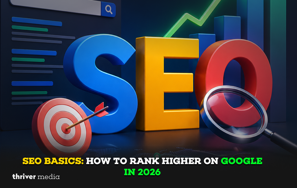 3D SEO illustration with bold letters, target icon, magnifying glass, and growth chart showing higher rankings on Google in 2026