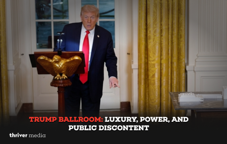 Donald Trump speaking at a podium with a gold eagle, pointing toward a ballroom model in the White House