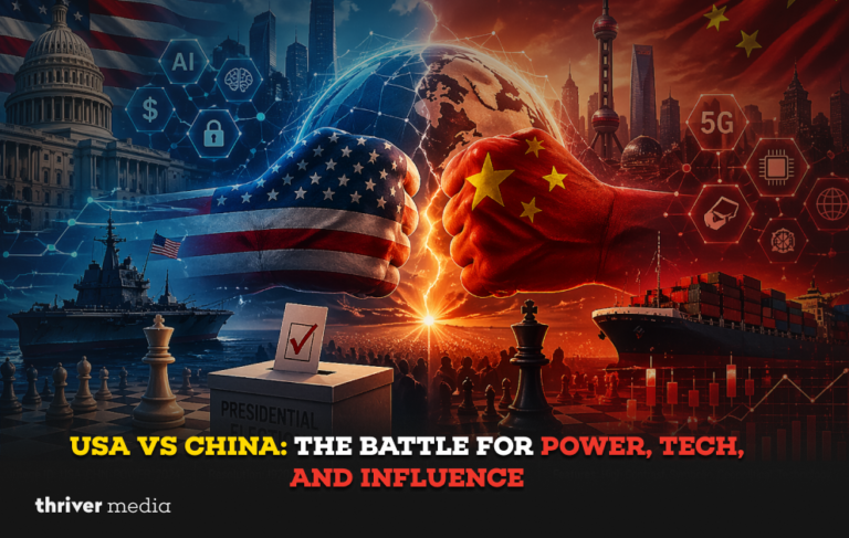 USA vs China global rivalry visual with fists clash, technology icons, trade ships, and geopolitical power symbolism