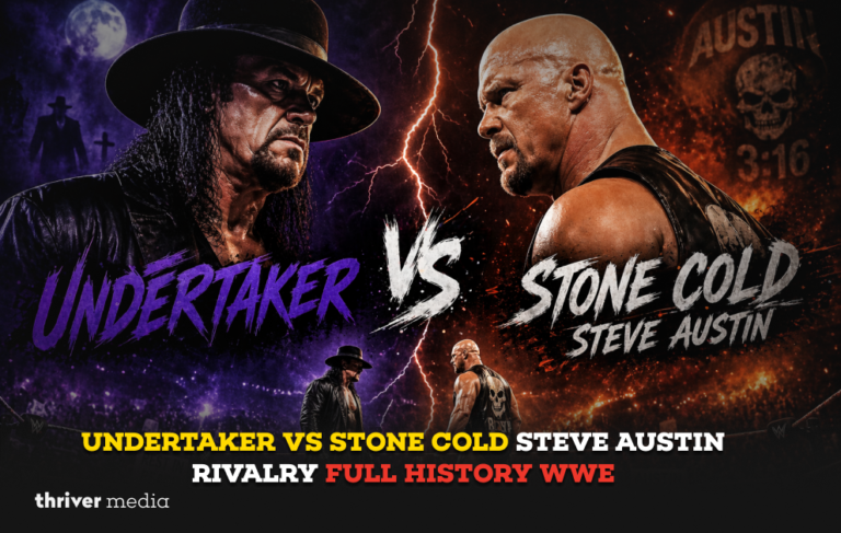Undertaker vs Stone Cold Steve Austin intense WWE rivalry face-off with lightning, dramatic arena background and crowd energy