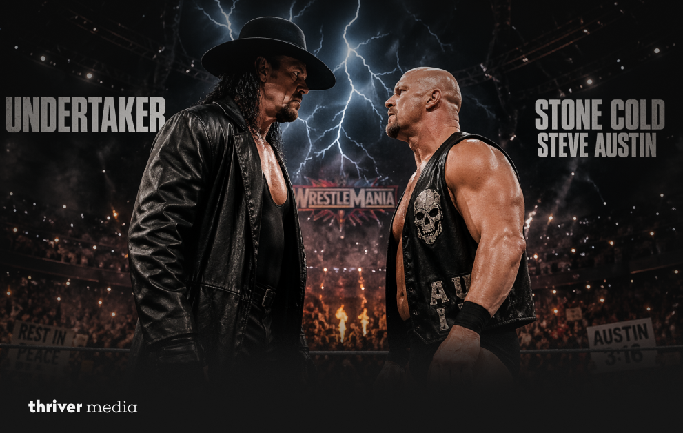 Undertaker vs Stone Cold Steve Austin intense WWE face-off in ring with lightning and WrestleMania arena crowd