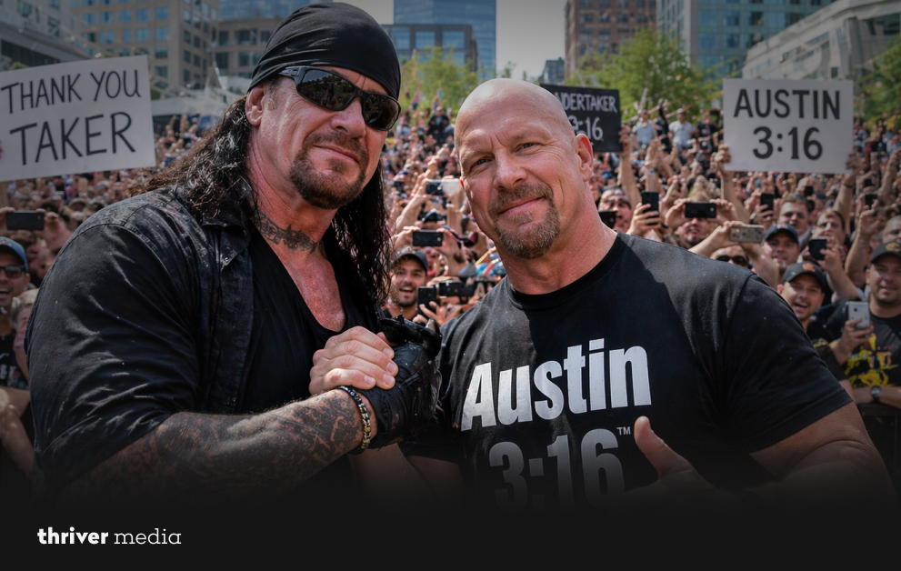 Undertaker and Stone Cold Steve Austin smiling and shaking hands with fans at outdoor public event crowd