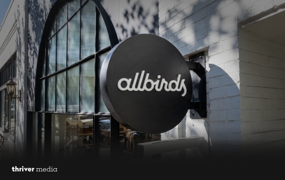 Allbirds shoe logo next to "thriver media" AI pivot stock up 700%