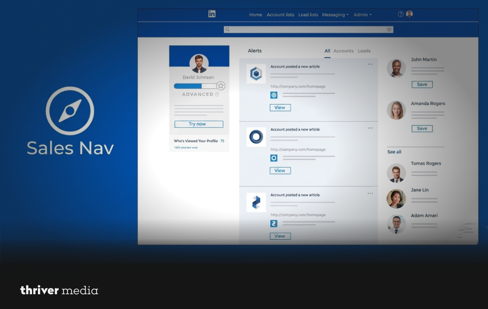 LinkedIn Sales Navigator dashboard showing alerts, profiles, and lead activity tracking