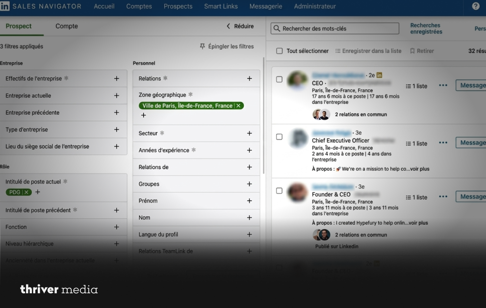 LinkedIn Sales Navigator dashboard showing filters for targeting CEOs and executives in Paris