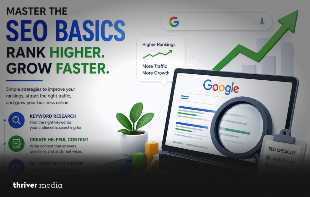 SEO illustration with Google search screen, magnifying glass, growth arrow, and tips on keyword research, content, and optimization