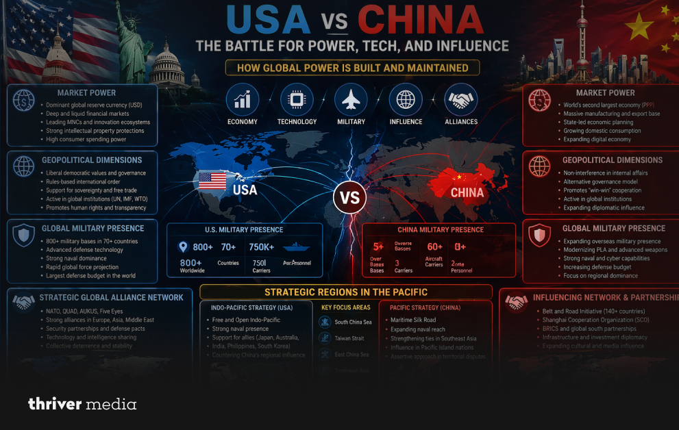 USA vs China current situation infographic showing economic pressure, tech competition, and global influence battle