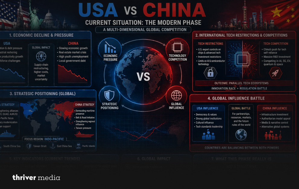 USA vs China infographic showing global power framework including economy, technology, military presence, and strategic alliances