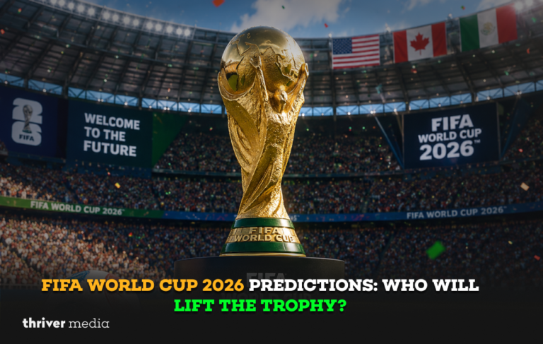 FIFA World Cup 2026 trophy standing at the center of a packed stadium, surrounded by fans and host nation flags, with the headline "FIFA World Cup 2026 Predictions: Who Will Lift the Trophy?" displayed in the foreground.