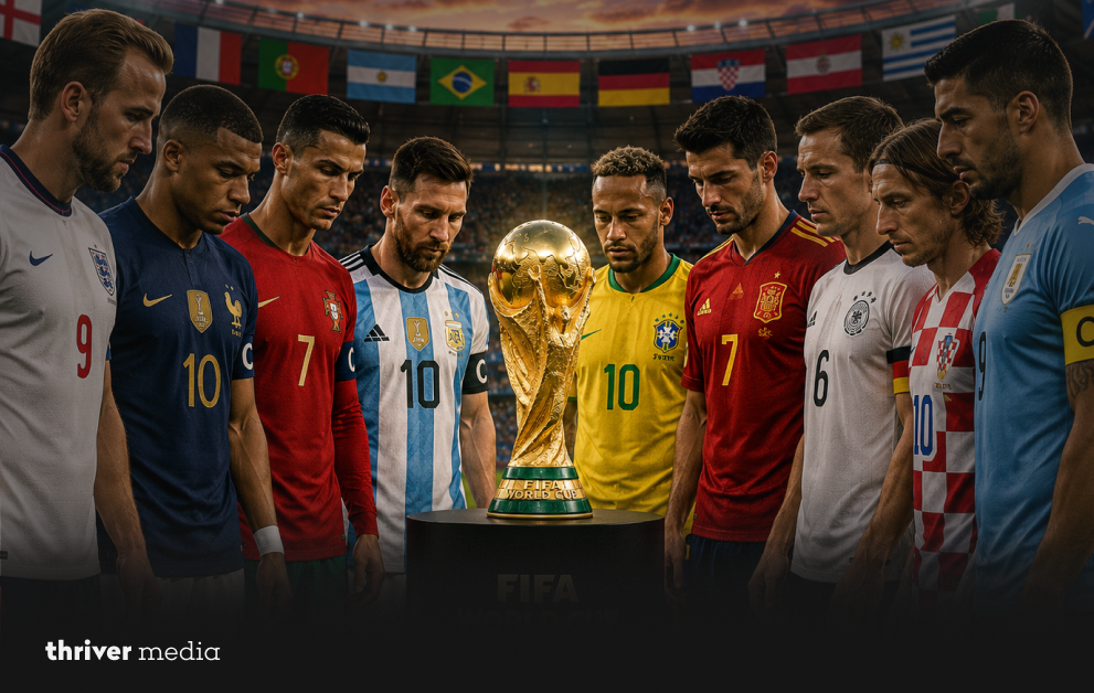Football superstars from Argentina, France, Portugal, Brazil, Spain, Germany, Croatia, England, and Uruguay stand around the FIFA World Cup trophy inside a packed stadium, symbolizing the race to become FIFA World Cup 2026 champions.